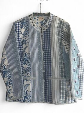 Rare CB Positano Upcycled Quilted Patchwork Jacket Blue White Gingham Toile M/L